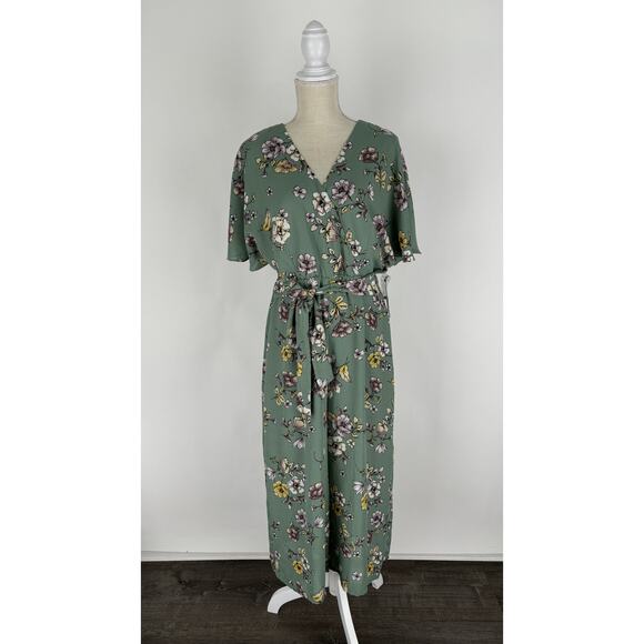 June & Hudson Womens Floral Cropped Jumpsuit V Neck Tie Waist Green Size Large - Picture 1 of 12